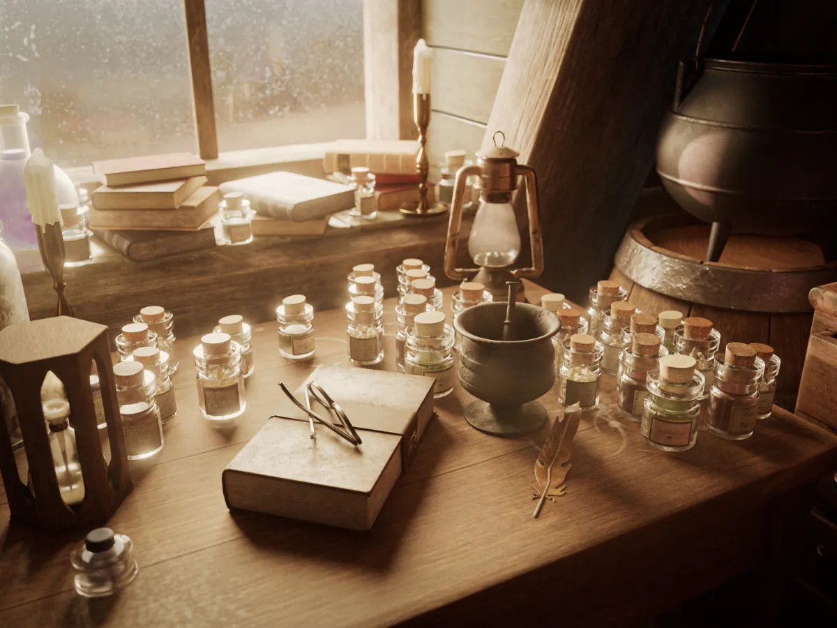3D model of a desk with books and glass jars glowing in sunlight
