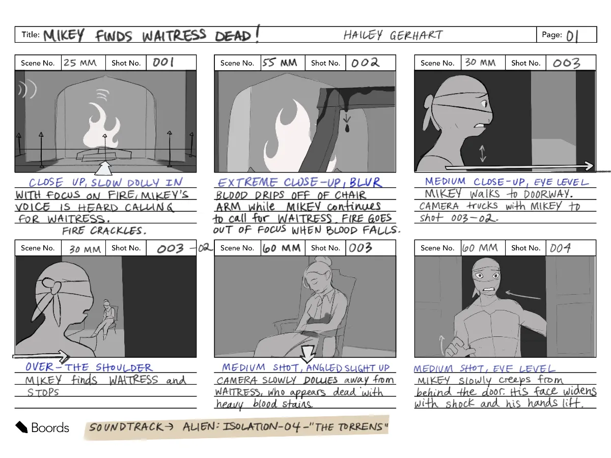 Student animation storyboard example showing a character who finds a dead waitress in a room with a fireplace