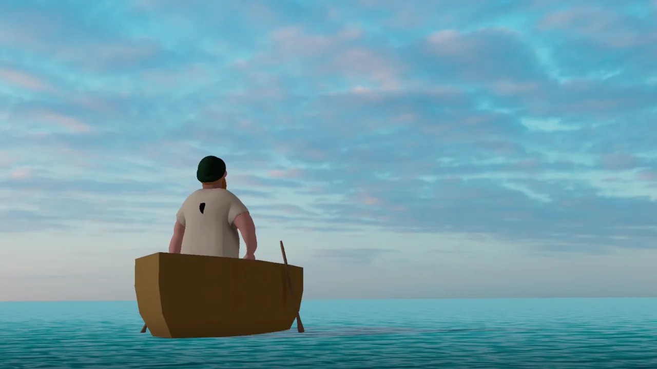 animation of man on a boat looking at the ocean