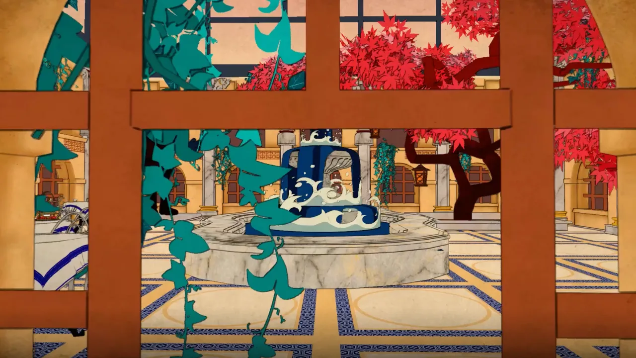 animated scene of a fountain area