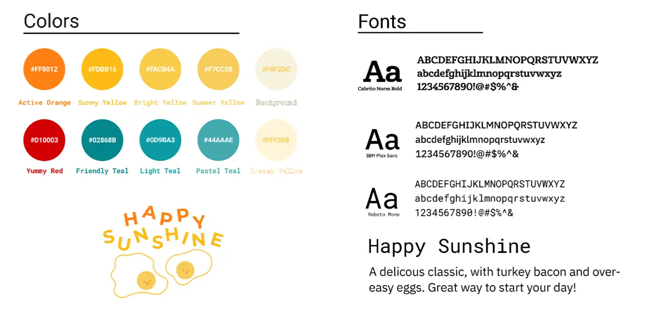 Colors, fonts, and icons used for the Happy Sunshine app.