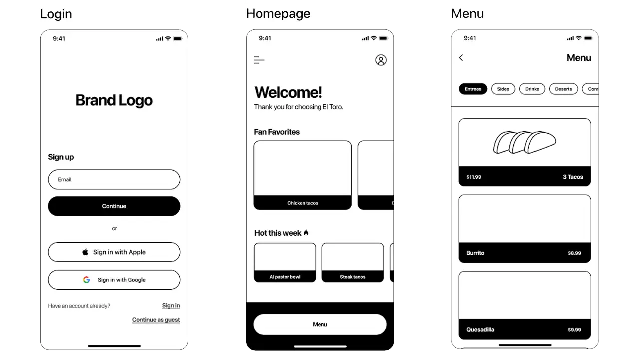 Low-fidelity designs of the login, homepage, and menu screens.