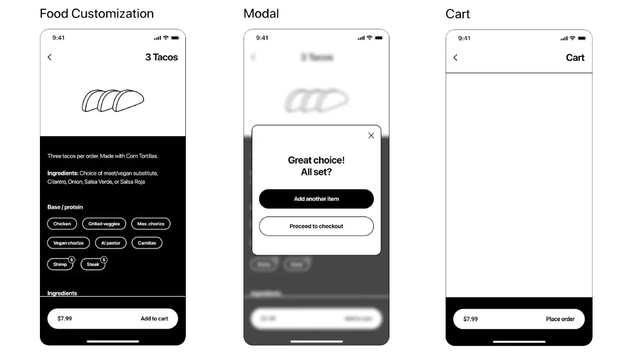Low-fidelity designs of the food customization, modal pop-up, and cart screens.