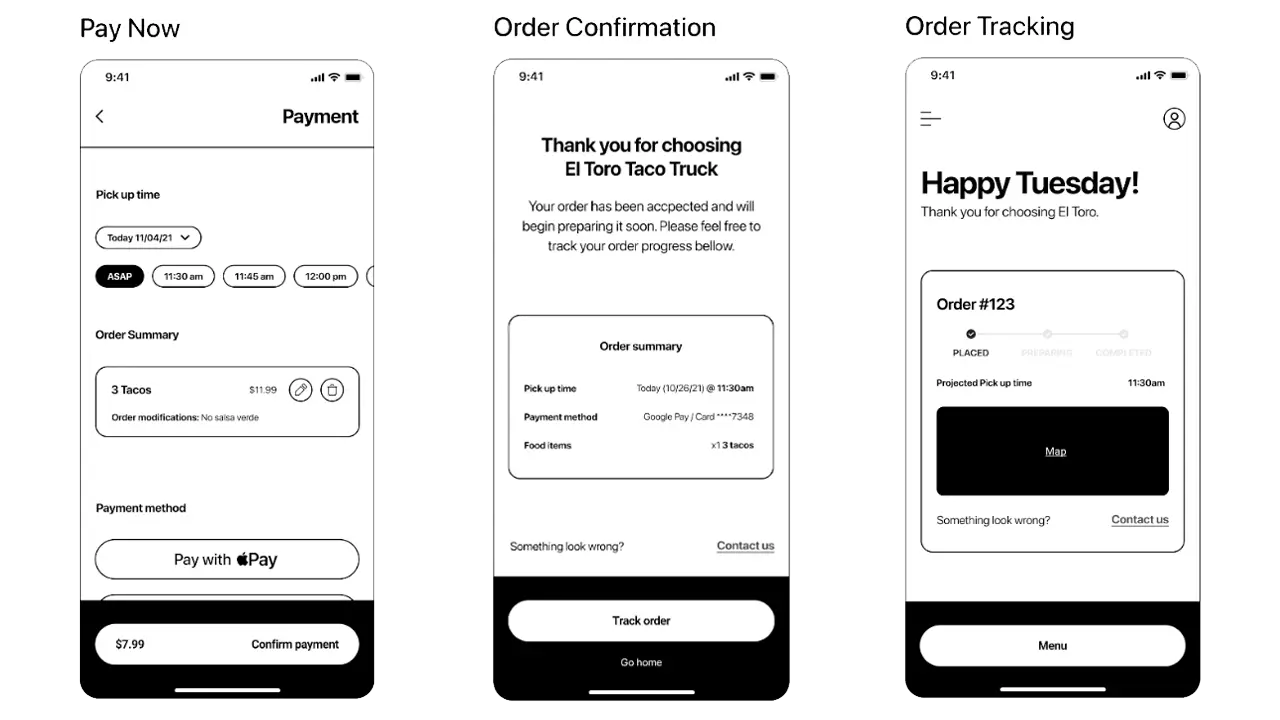 Low-fidelity designs of the pay now, order confirmation, and order tracking screens.