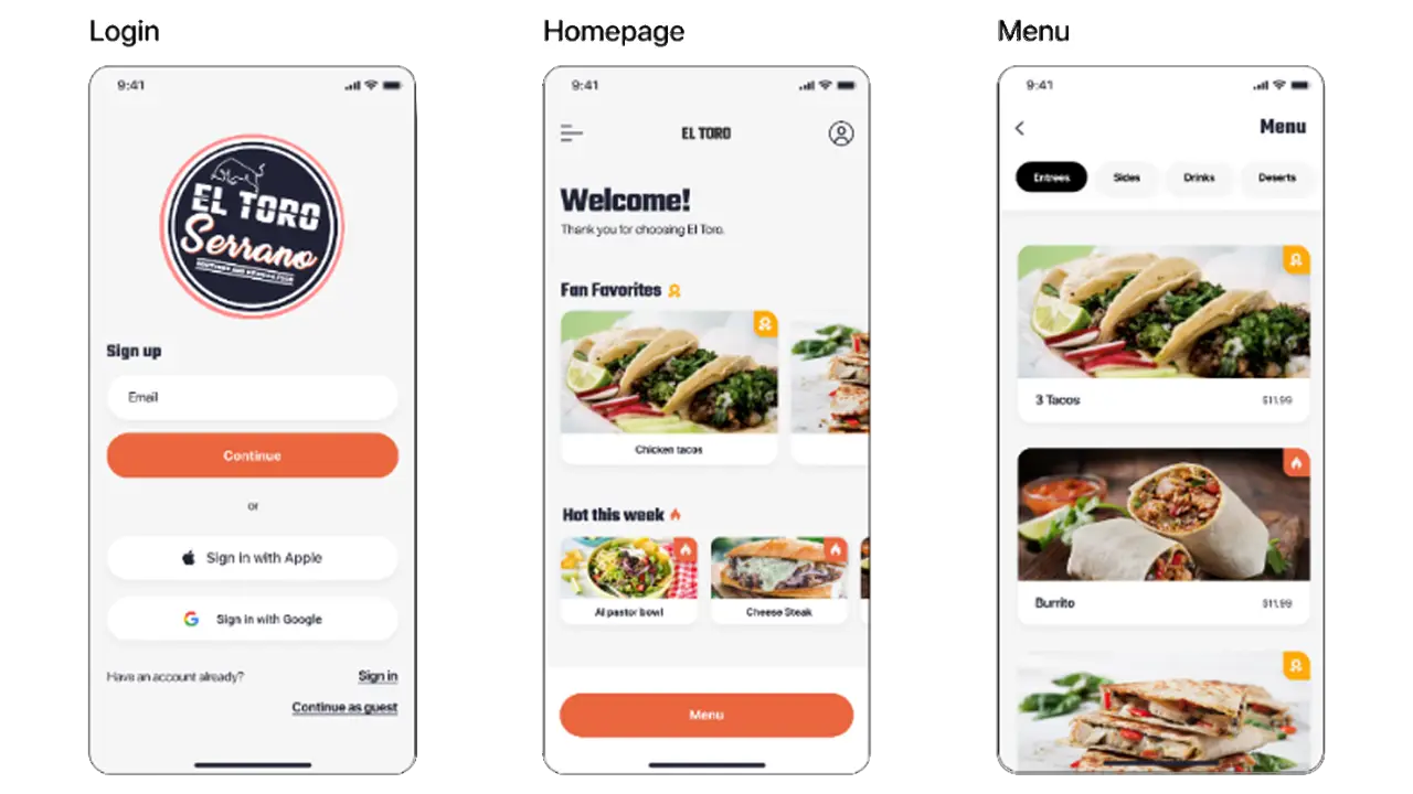Mid-fidelity designs of the login, homepage, and menu screens.