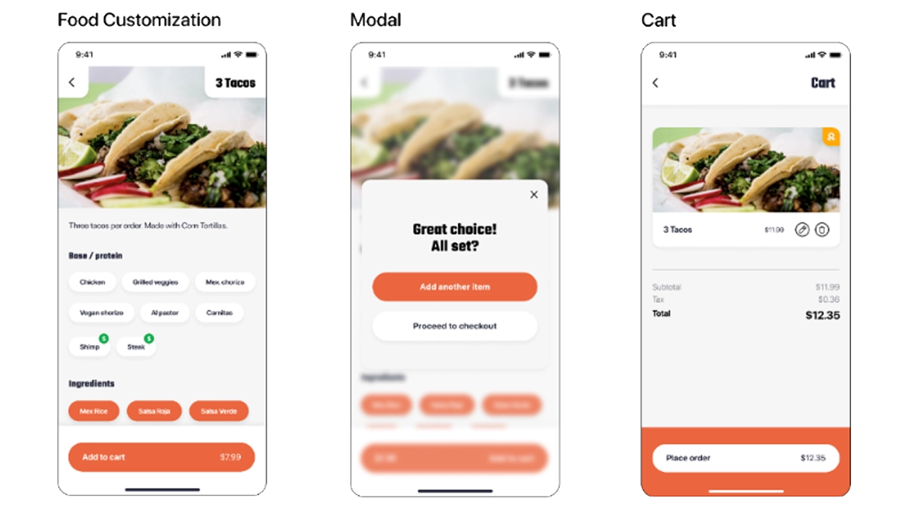 Mid-fidelity designs of the food customization, modal pop-up, and cart screens.