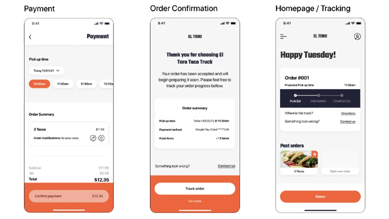 Mid-fidelity designs of the payment, order confirmation, and homepage/tracking screens.