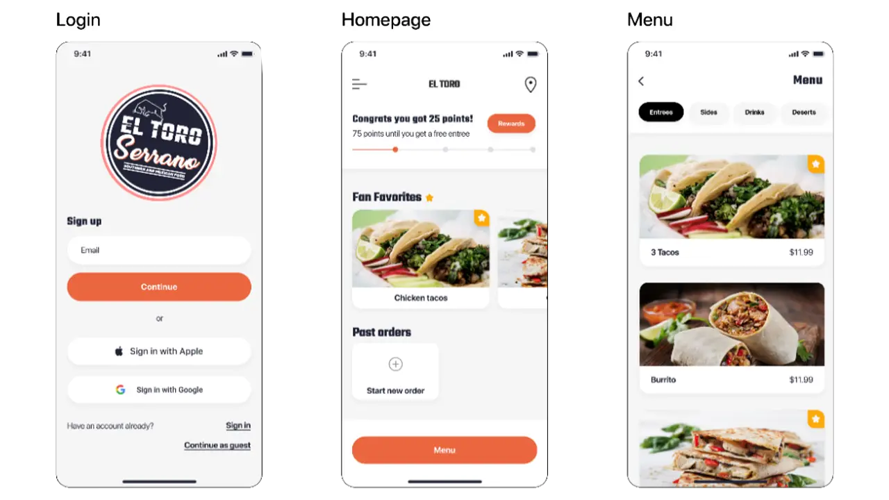 High-fidelity designs of the login, homepage, and menu screens.