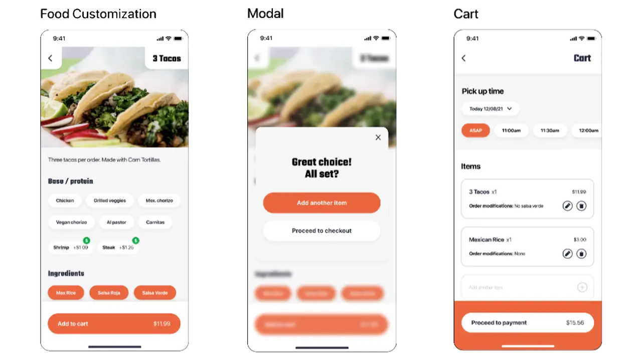 High-fidelity designs of the food customization, modal pop-up, and cart screens.