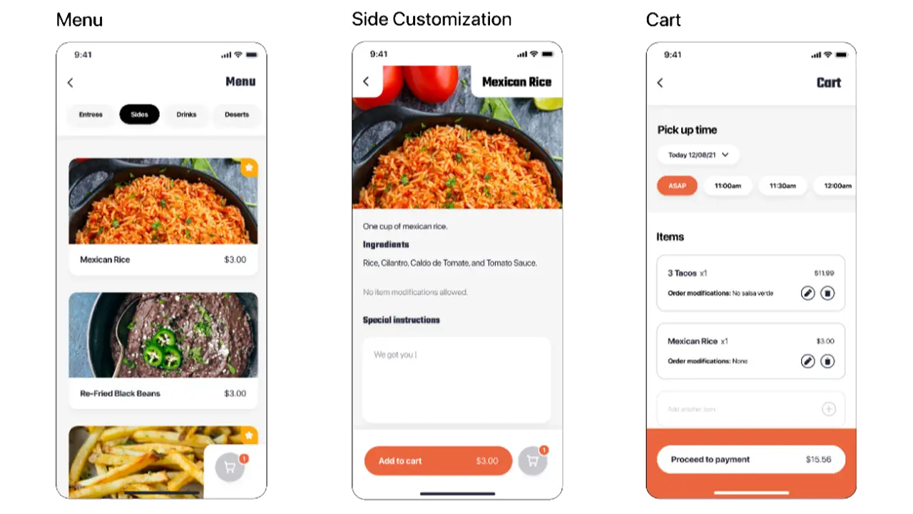 High-fidelity designs of the sides menu, sides food customization, and cart screens.