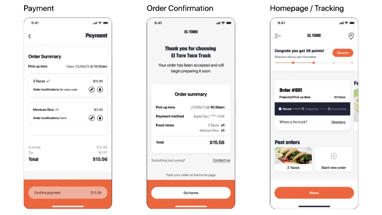 High-fidelity designs of the payment, order confirmation, and homepage/tracking screens.