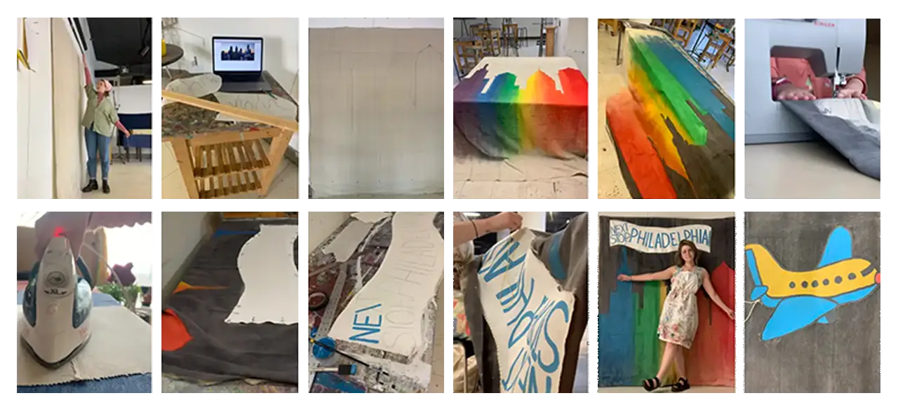 Progress photos of the mural.