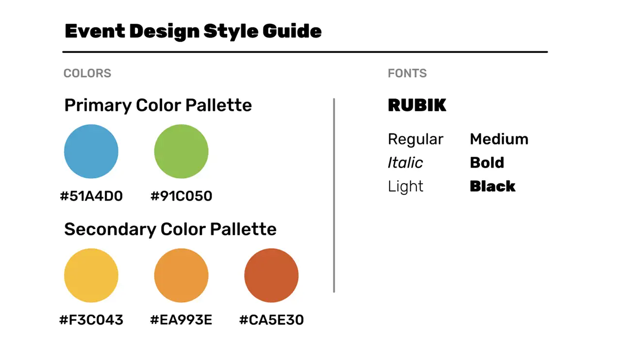 Colors and fonts used for the event.