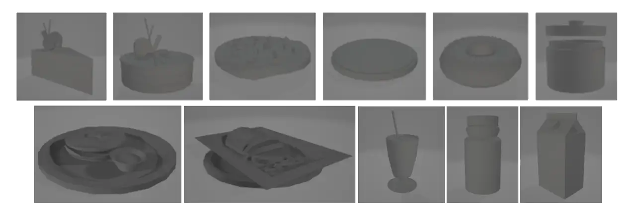 Low-fidelity renders of food models.