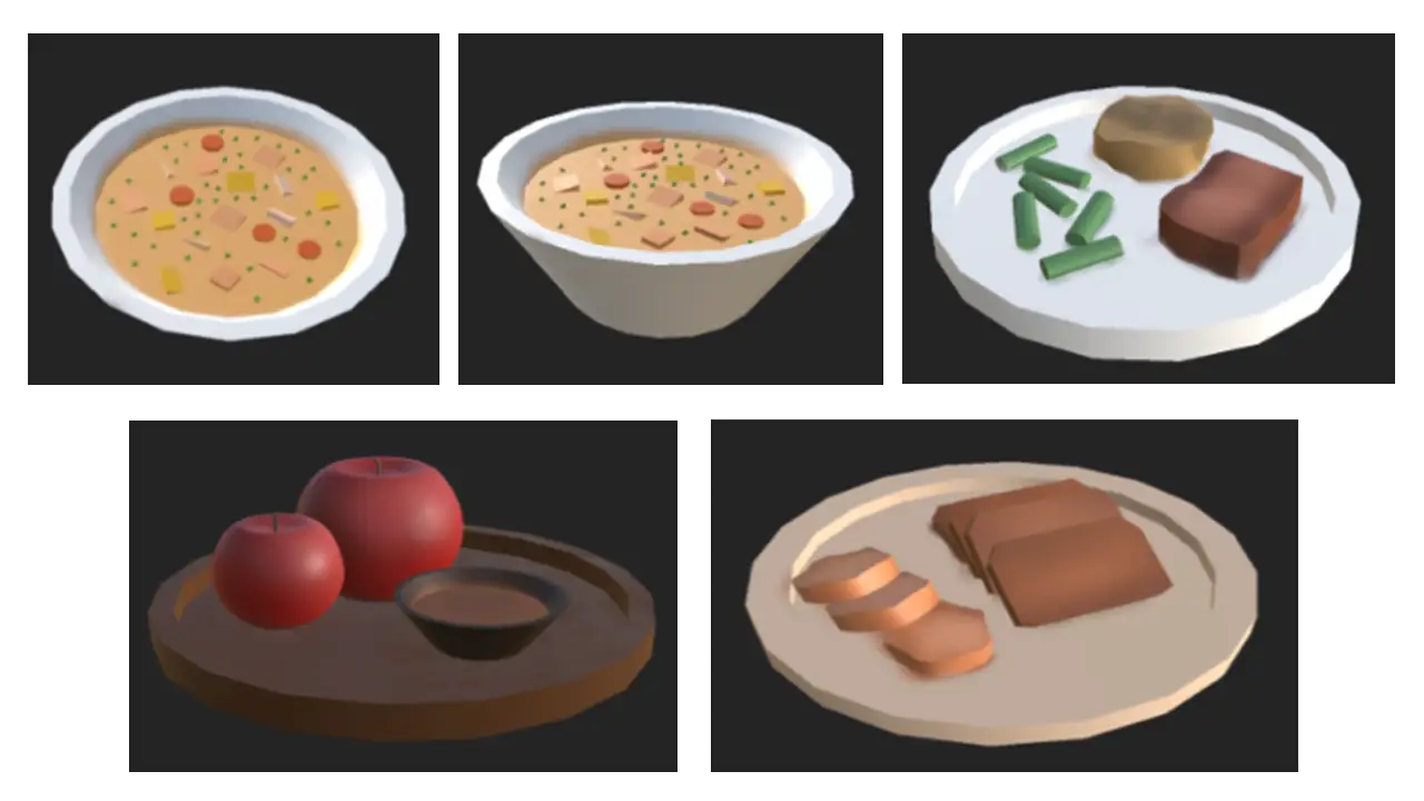 High-fidelity renders of food models.