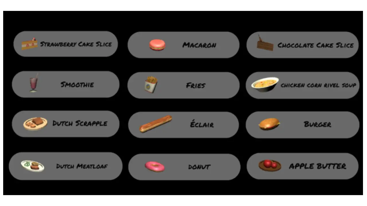 UI that labels the food models for users.