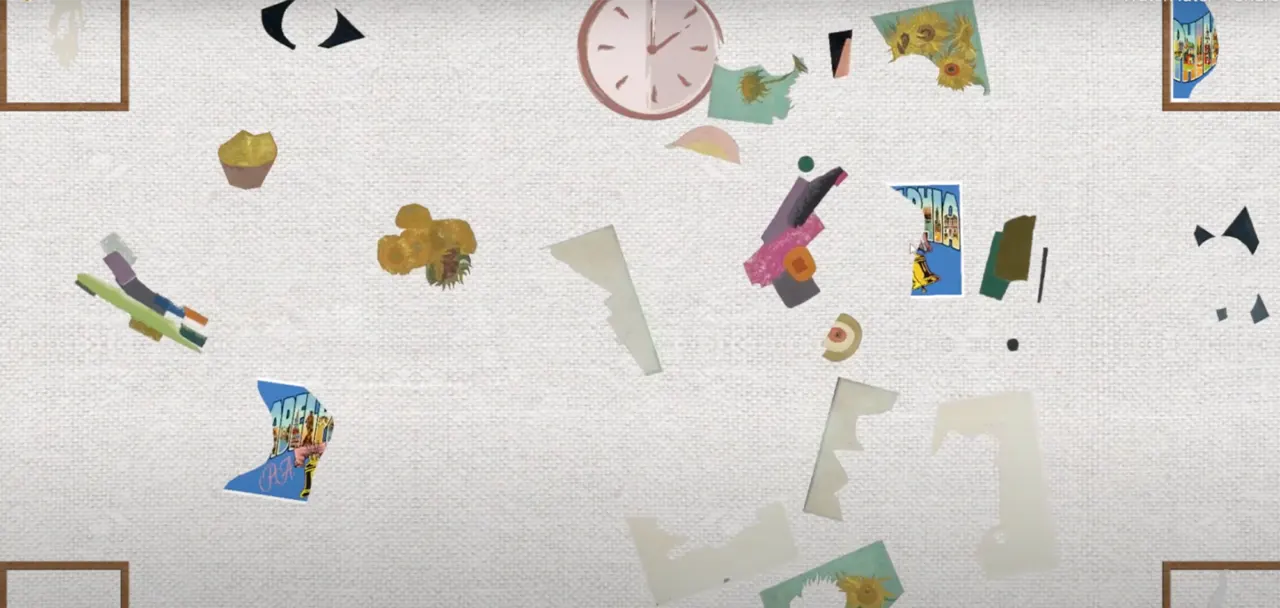 Screenshot from the Philadelphia Museum of Art game, showing the scattered pieces of artwork and the four frames to sort them into.