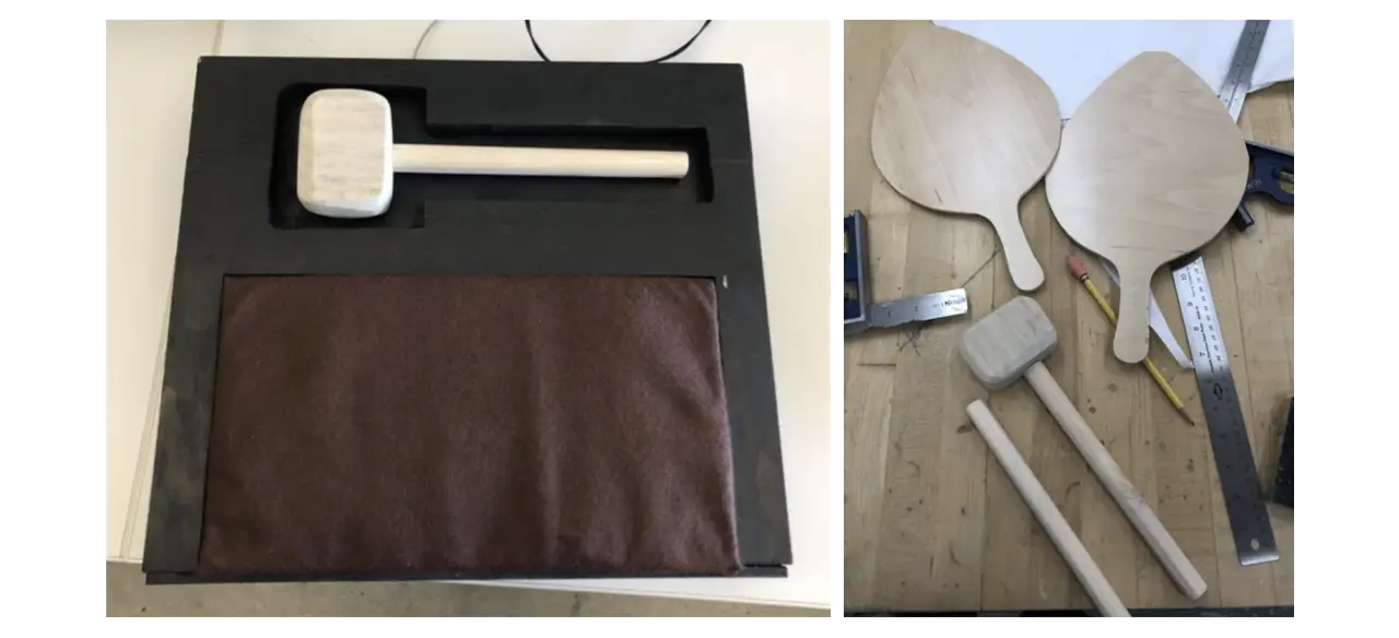 Original wooden version of Liberty Bell game controllers.