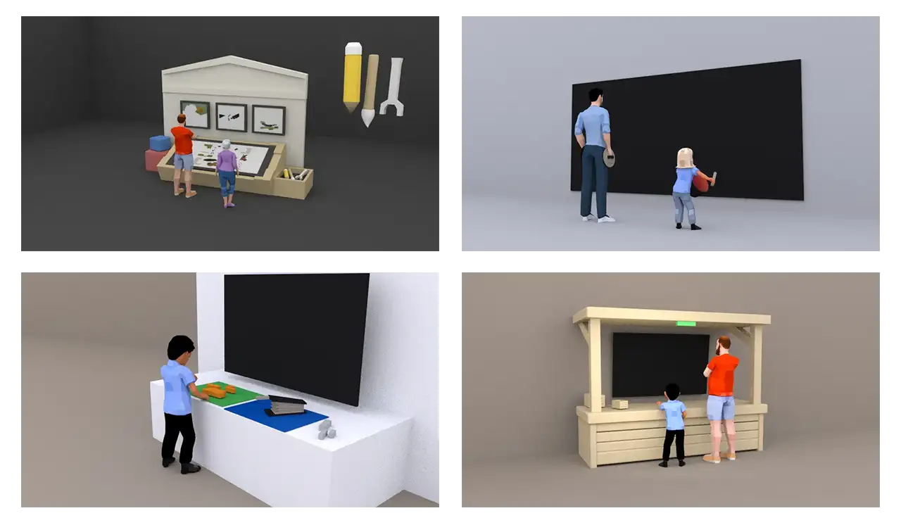 3D mock-ups of what the booths for the event look like.