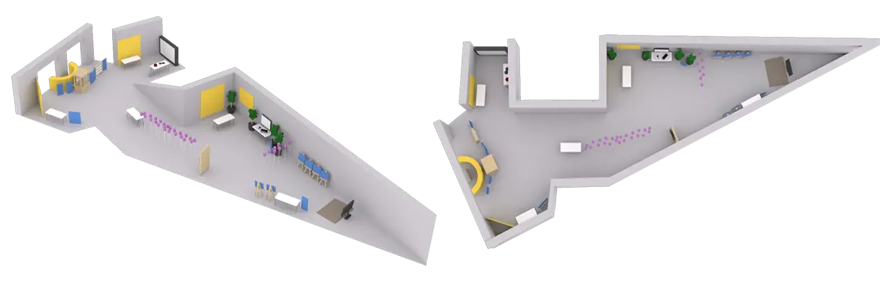 Map of the event floor plan, including a side view and top view of the room.