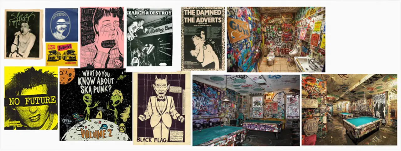 Mood board containing punk flyers, posters, and zines that inspired the style of The Basement Exhibition.
