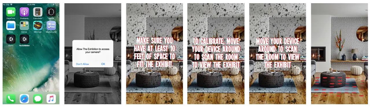 Screens showing how to set up The Basement Exhibit in a home.