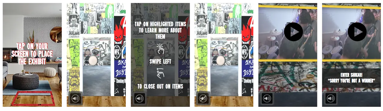 Screens showing The Basement Exhibit loaded and instructions on how to move around.