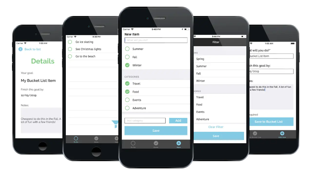 Screens on the Bucket List app.