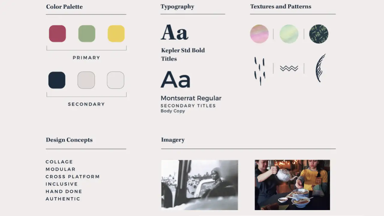 Colors, textures, patterns, fonts, concepts, and imagery that conveyed the style of the Coalescence exhibit.