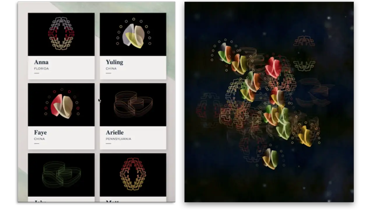 The colors and shapes each person made at the energy table and the final image combining everyone's colors and shapes.