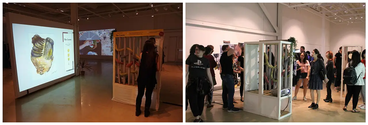 Visitors interacting with the loom.