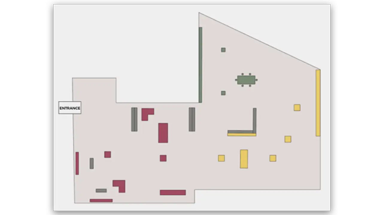 Floor plan of the Coalescence exhibit in the Pearlstein Gallery.