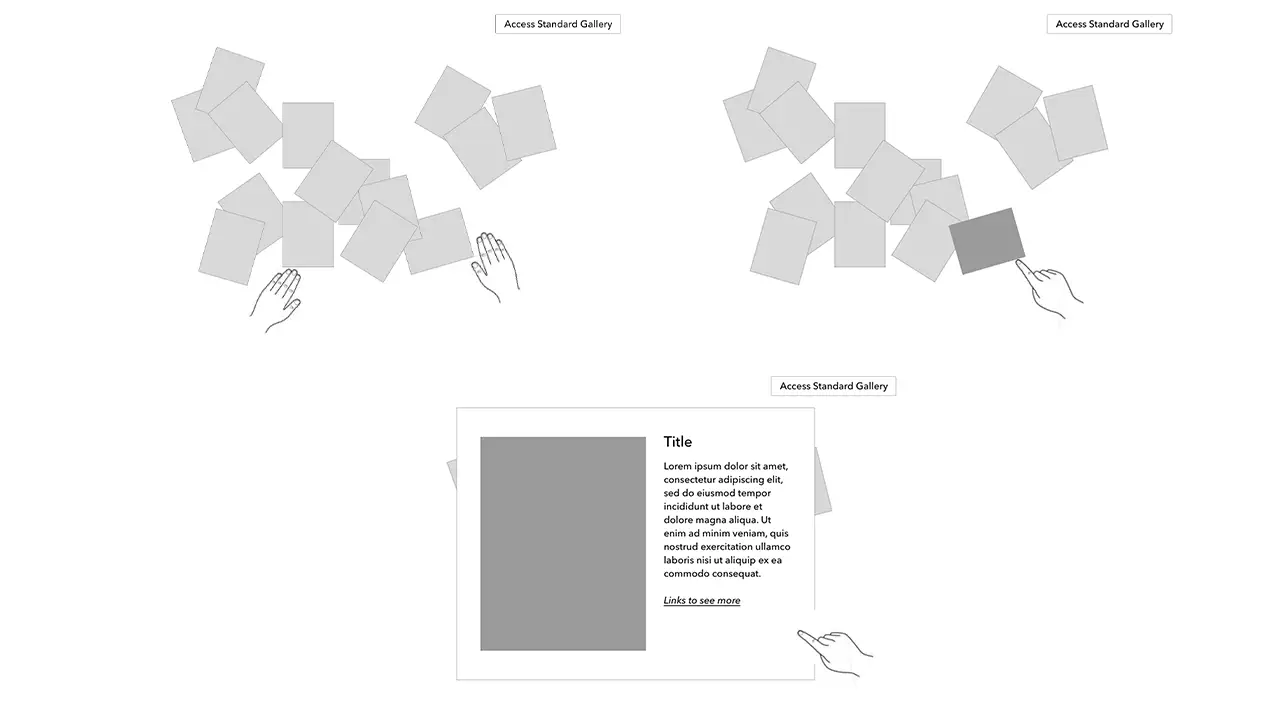 Low-fidelity wireframes showing what happens when users interact with the gallery.