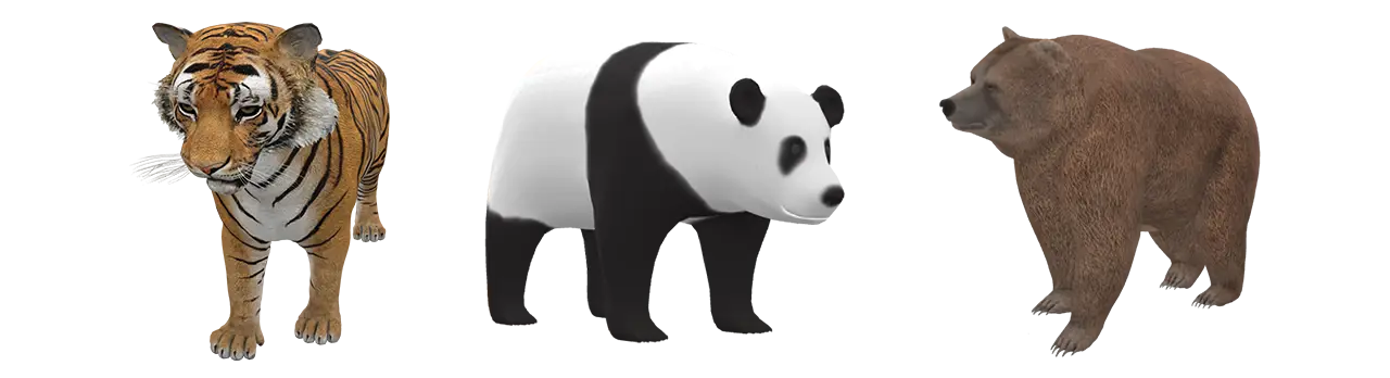3D models of a tiger, a bear, and a panda.