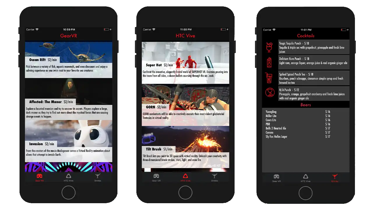 App screens for GearVR experiences, HTC Vive games, and drink menu for the restaurant.