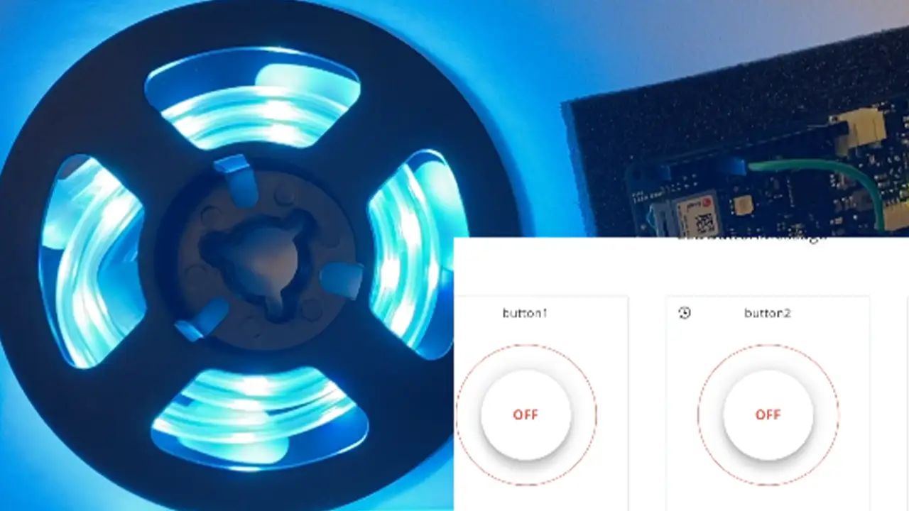 LED lights with a recording of the controller interface in the bottom right corner to turn lights on and off.