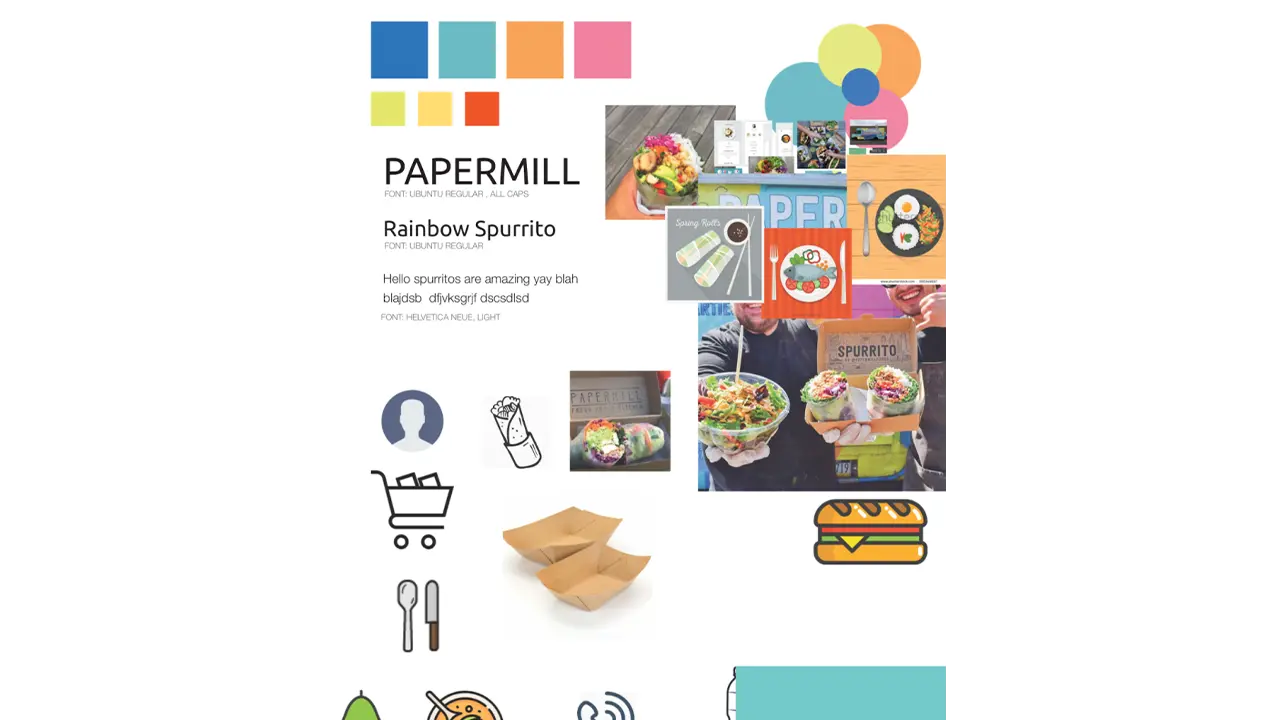 Colors, fonts, images, and icons that represent how the PaperMill ordering app will be stylized.