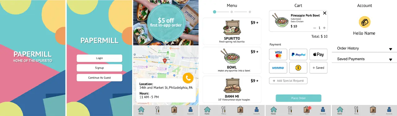 Mid-fidelity prototype of the PaperMill ordering app, adding color to the previous prototype.