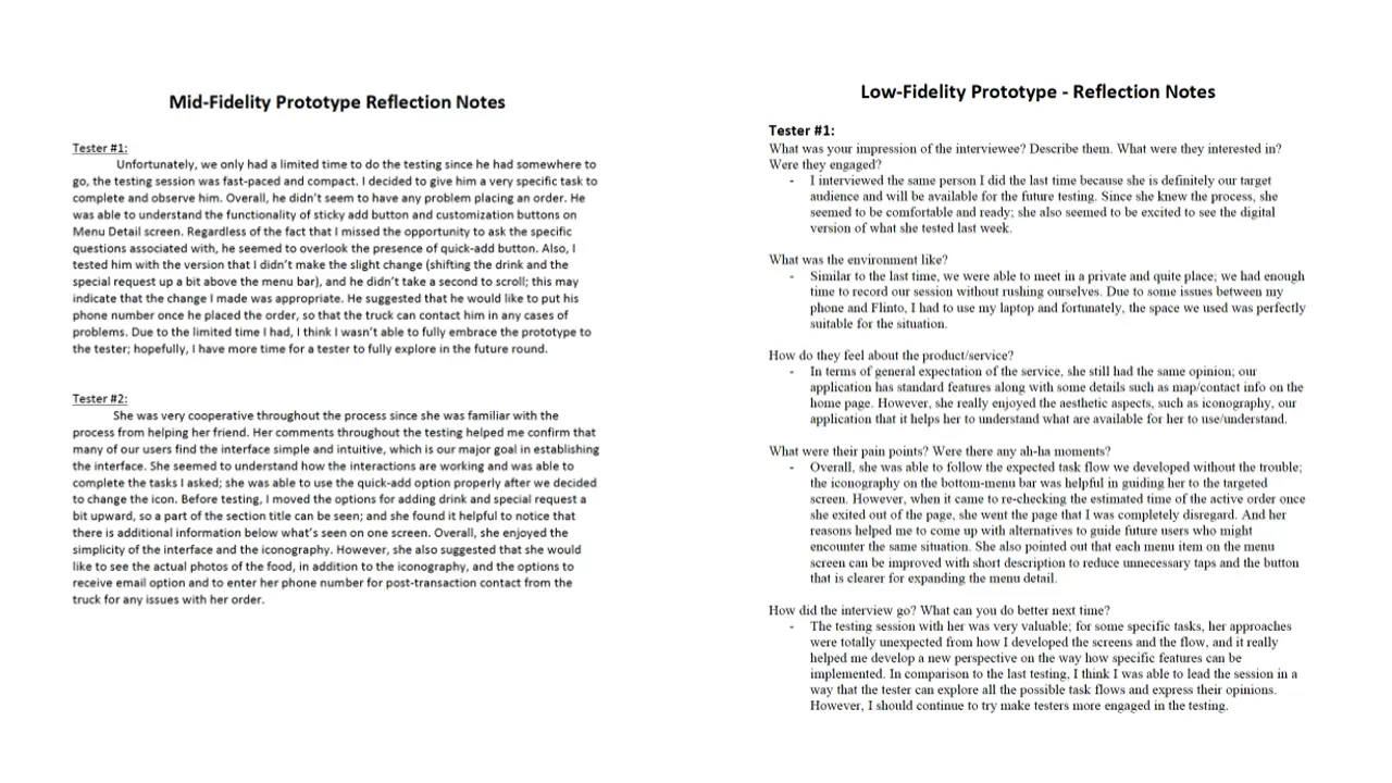 Notes from user testing of the low-fidelity and mid-fidelity prototypes.