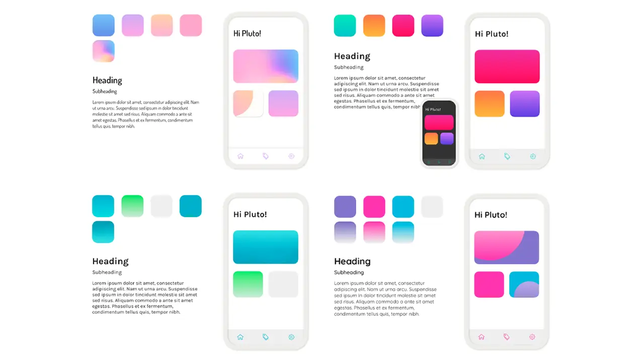 Color studies, including mock-ups of how the colors will look in an app.