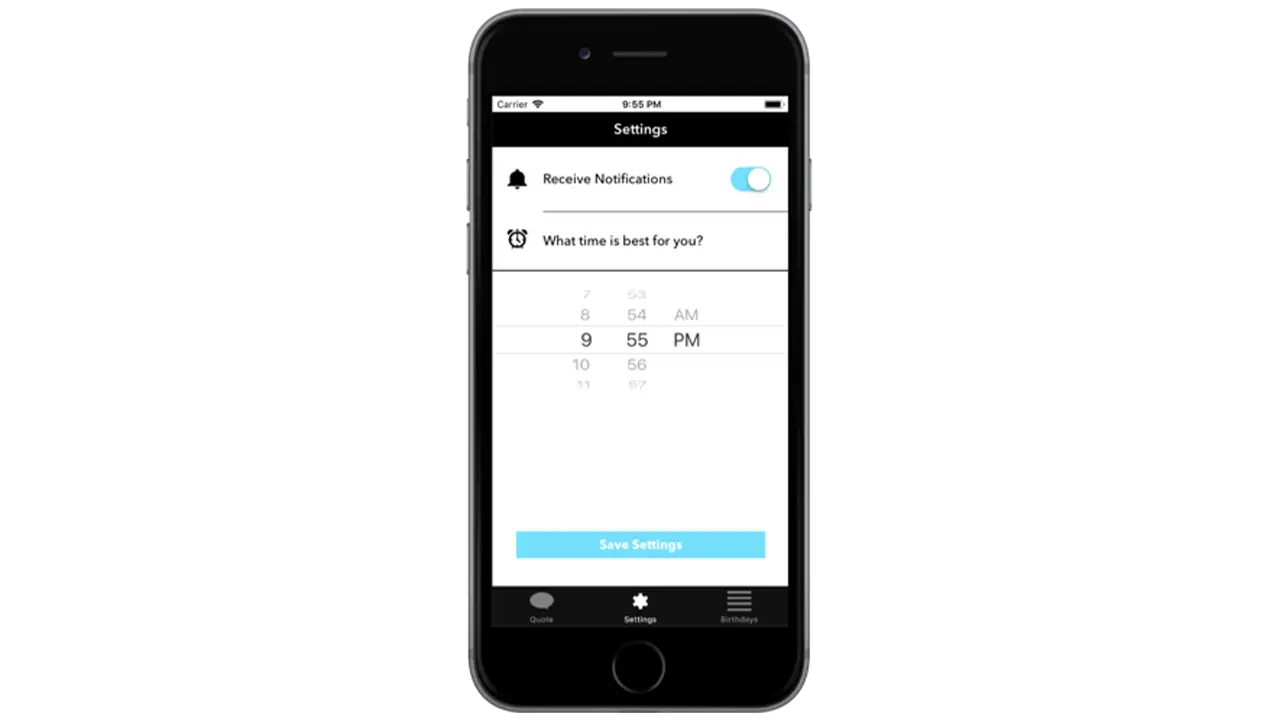 Screen from the Quote of the Day app, showing settings for if the user wishes to receive notifications for their daily quote and what time they want to receive it.
