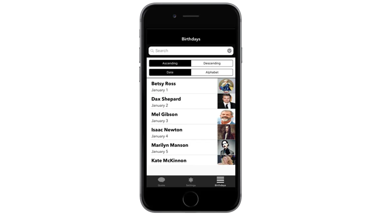 Screen from the Quote of the Day app, showing the list of dates and which famous person the quote from that date comes from.