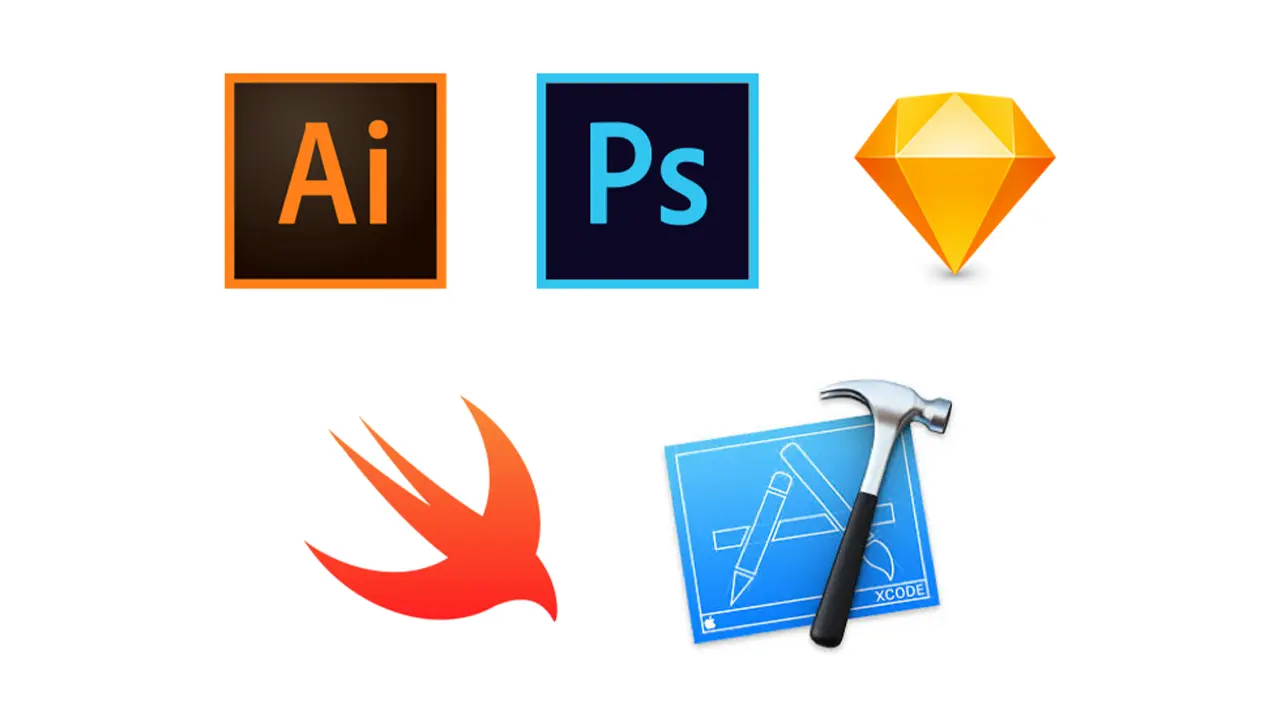 Logos of tools used to create the Quote of the Day app, including Adobe Illustrator, Adobe Photoshop, Sketch, Xcode, and Swift.