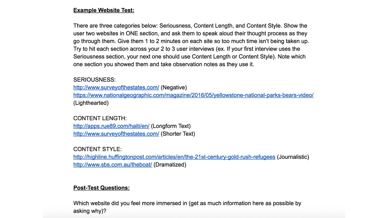 List of websites users were tested on to find how the content should be formatted.
