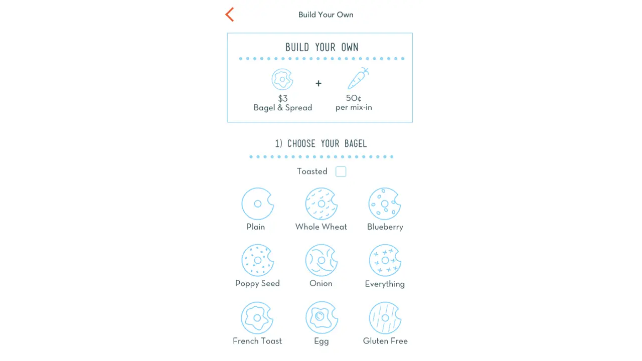 Build-your-own bagel screen on the Schmear It app.