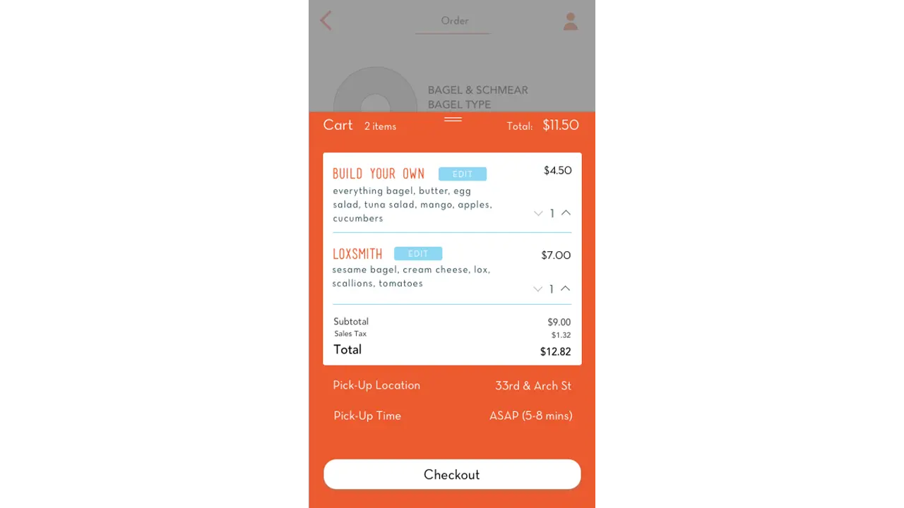 Cart screen on the Schmear It app.