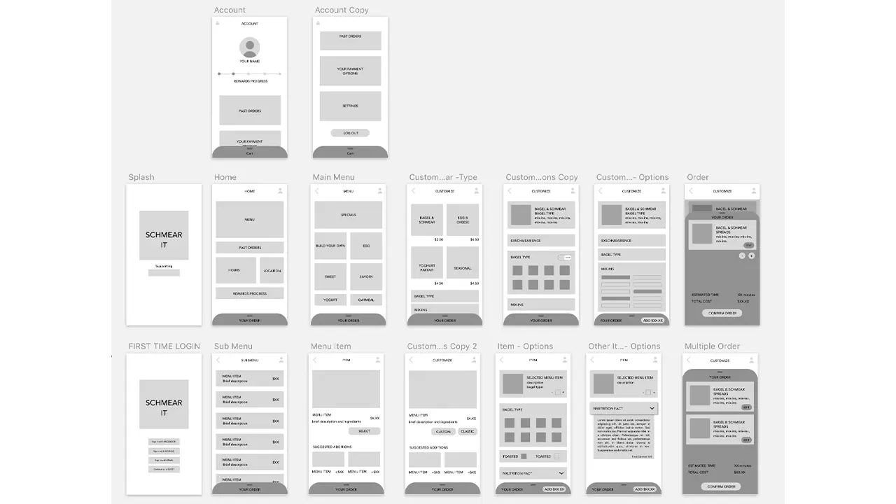 Low-fidelity prototype of the screens.