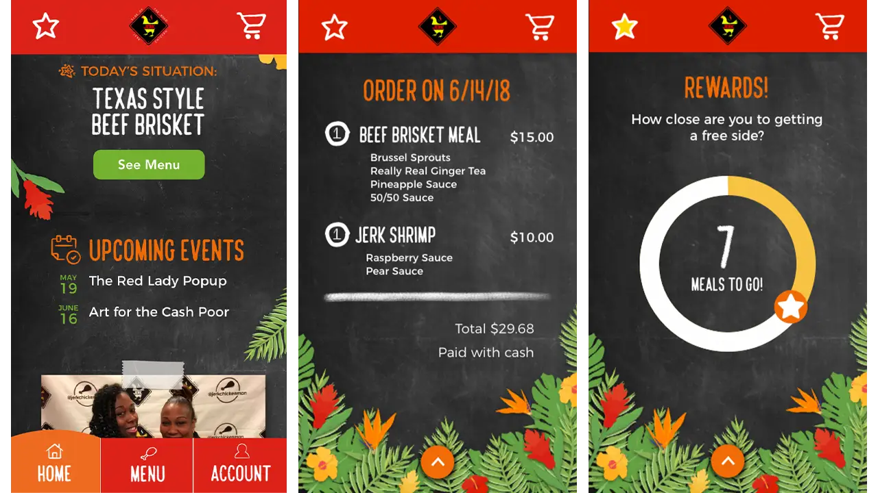 Homescreen, cart screen, and rewards screen on new ordering app for Side of the Road Jerk Chicken.