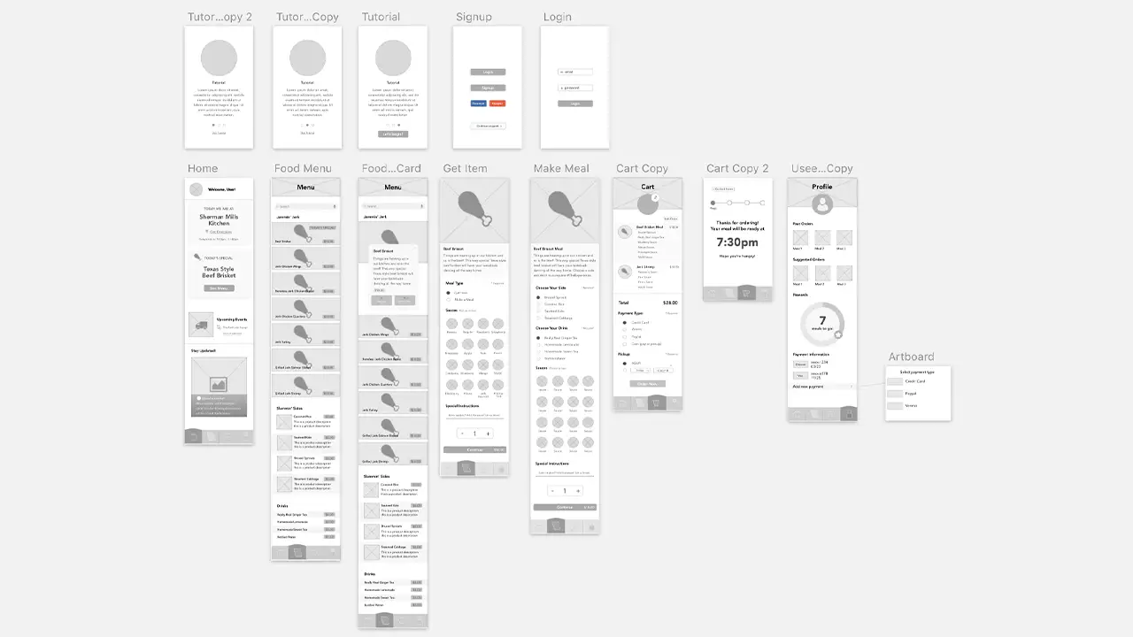 Low-fidelity wireframes of the app made for testing.