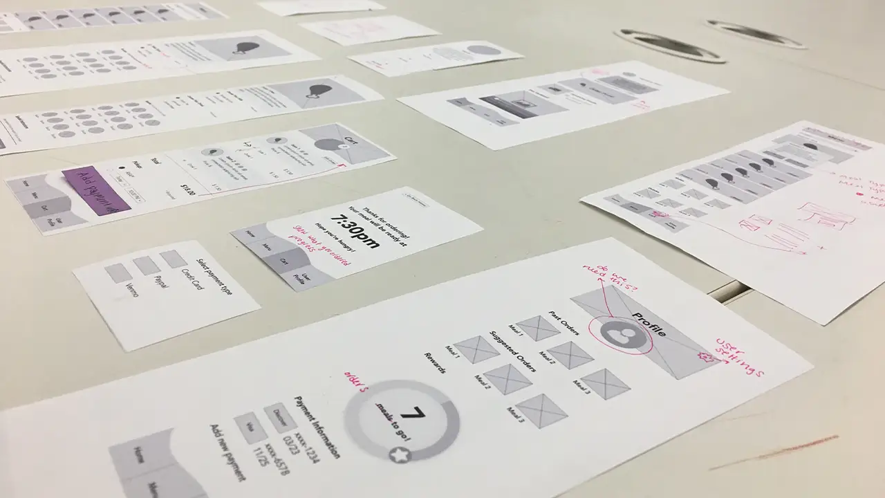 Printed versions of the wireframes, tested by users to see how intuitive the layout and if the user flow matched the drafted version.